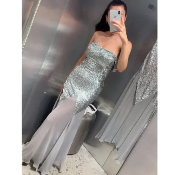 NWT Zara x Barbie limited edition strapless maxi dress chiffon sequin Silver - Picture 12 of 12